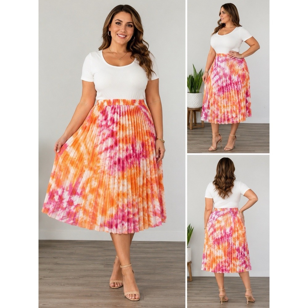 Calvin Klein‎ Women's Pleated Skirt Size XL Pink Orange Abstract Print